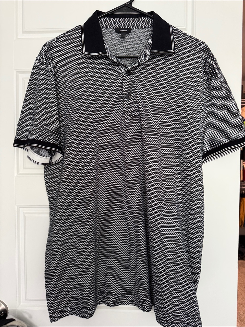 Express Men’s Black & White Geo-Pattern Polo